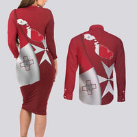 Malta Independence Day Couples Matching Long Sleeve Bodycon Dress and Long Sleeve Button Shirt National Flag with Maltese Cross and Emblem