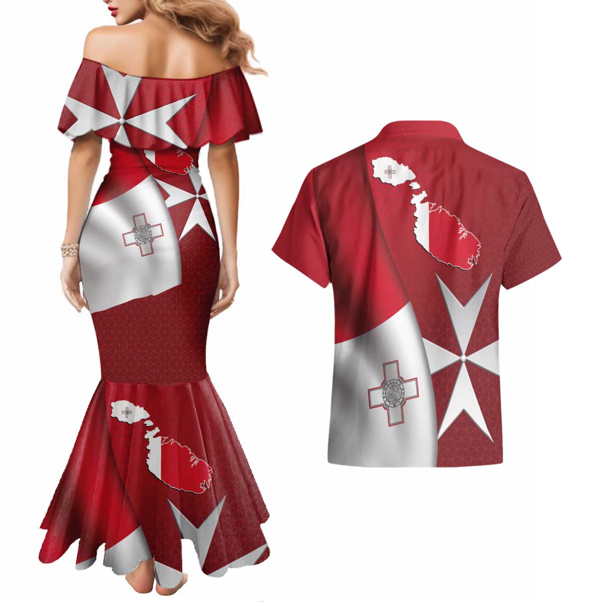 Malta Independence Day Couples Matching Mermaid Dress and Hawaiian Shirt National Flag with Maltese Cross and Emblem