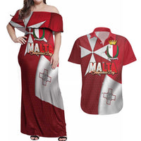 Malta Independence Day Couples Matching Off Shoulder Maxi Dress and Hawaiian Shirt National Flag with Maltese Cross and Emblem