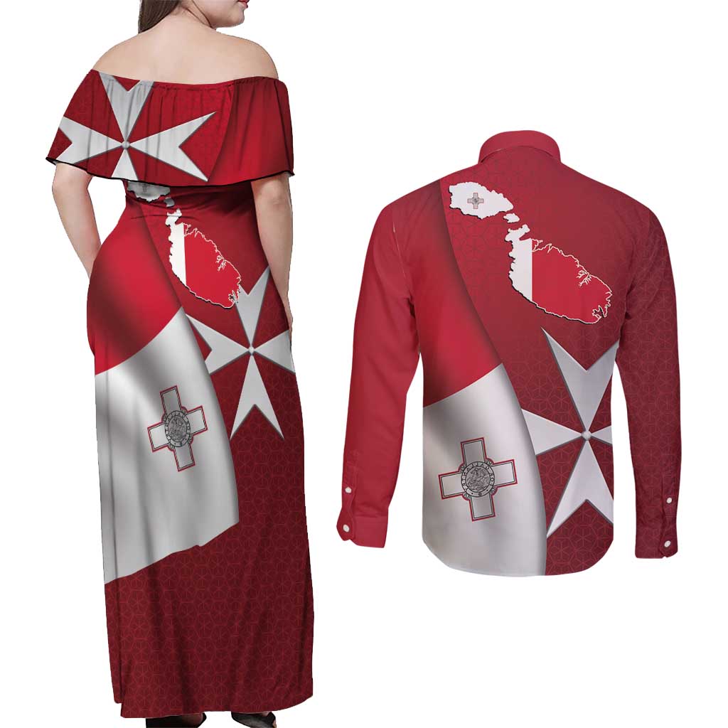 Malta Independence Day Couples Matching Off Shoulder Maxi Dress and Long Sleeve Button Shirt National Flag with Maltese Cross and Emblem