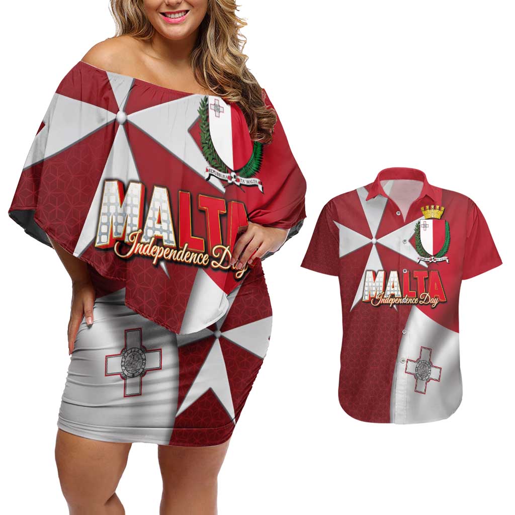 Malta Independence Day Couples Matching Off Shoulder Short Dress and Hawaiian Shirt National Flag with Maltese Cross and Emblem