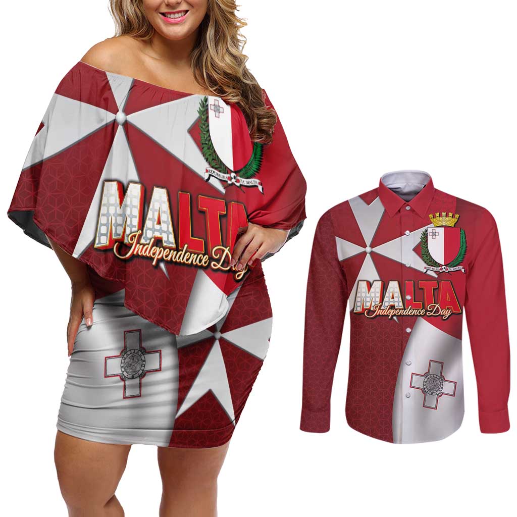 Malta Independence Day Couples Matching Off Shoulder Short Dress and Long Sleeve Button Shirt National Flag with Maltese Cross and Emblem