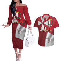 Malta Independence Day Couples Matching Off The Shoulder Long Sleeve Dress and Hawaiian Shirt National Flag with Maltese Cross and Emblem