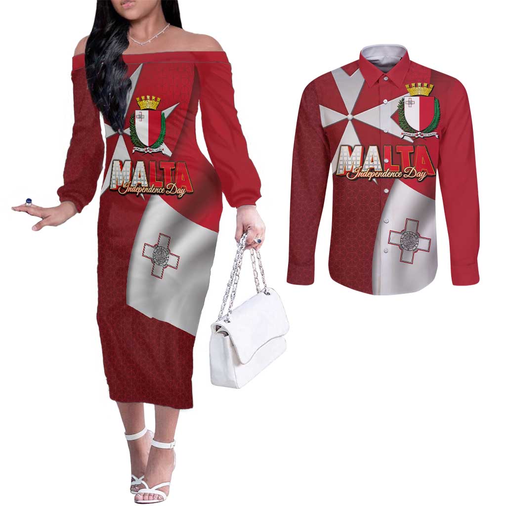 Malta Independence Day Couples Matching Off The Shoulder Long Sleeve Dress and Long Sleeve Button Shirt National Flag with Maltese Cross and Emblem
