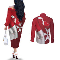 Malta Independence Day Couples Matching Off The Shoulder Long Sleeve Dress and Long Sleeve Button Shirt National Flag with Maltese Cross and Emblem