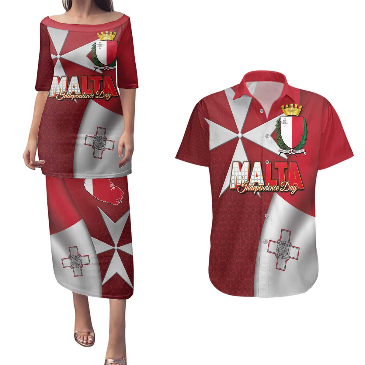 Malta Independence Day Couples Matching Puletasi and Hawaiian Shirt National Flag with Maltese Cross and Emblem