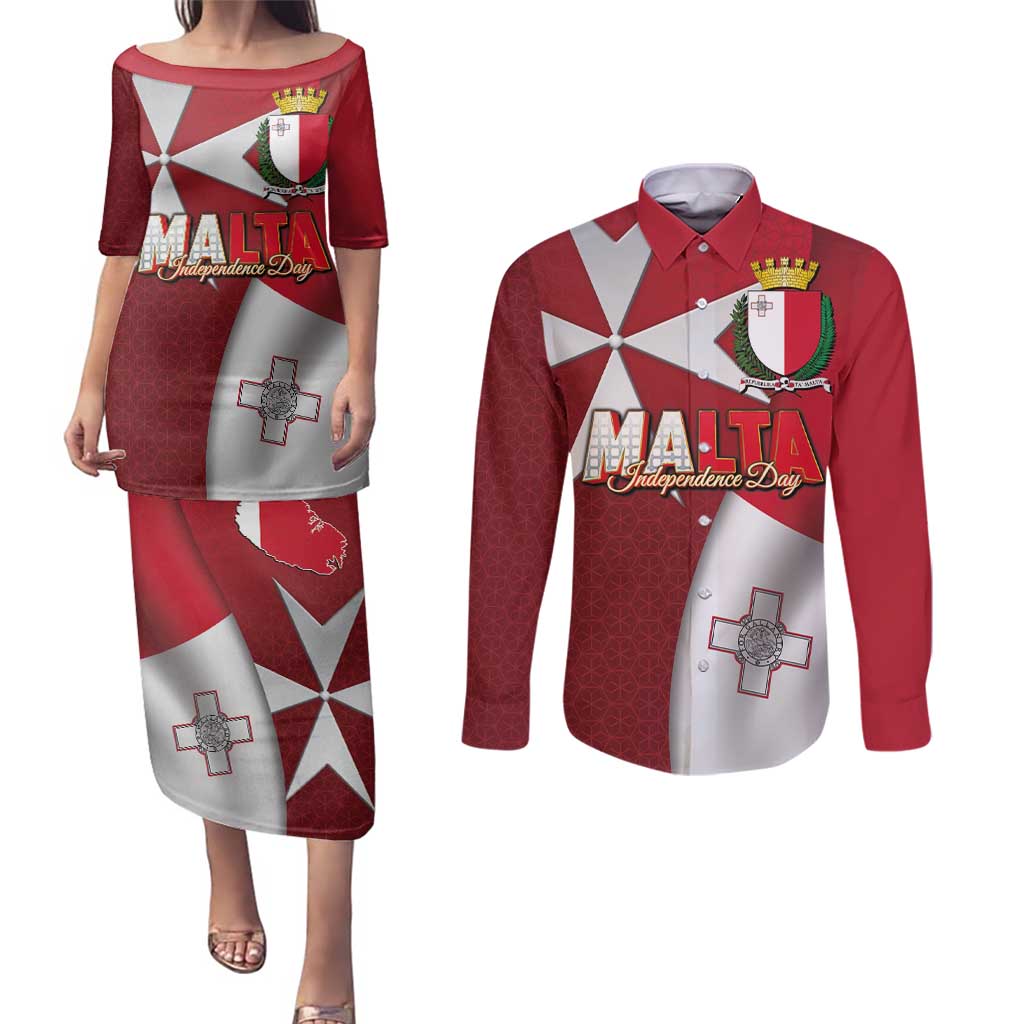 Malta Independence Day Couples Matching Puletasi and Long Sleeve Button Shirt National Flag with Maltese Cross and Emblem