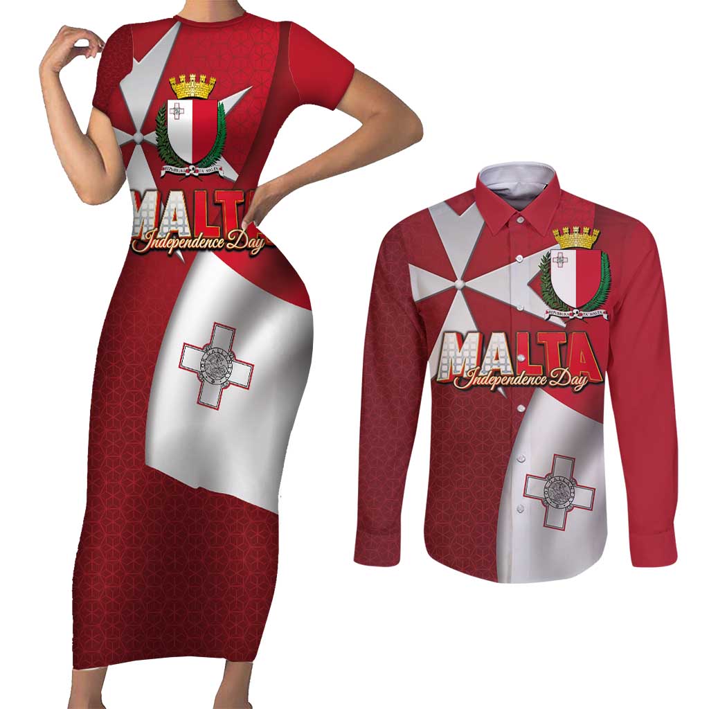 Malta Independence Day Couples Matching Short Sleeve Bodycon Dress and Long Sleeve Button Shirt National Flag with Maltese Cross and Emblem