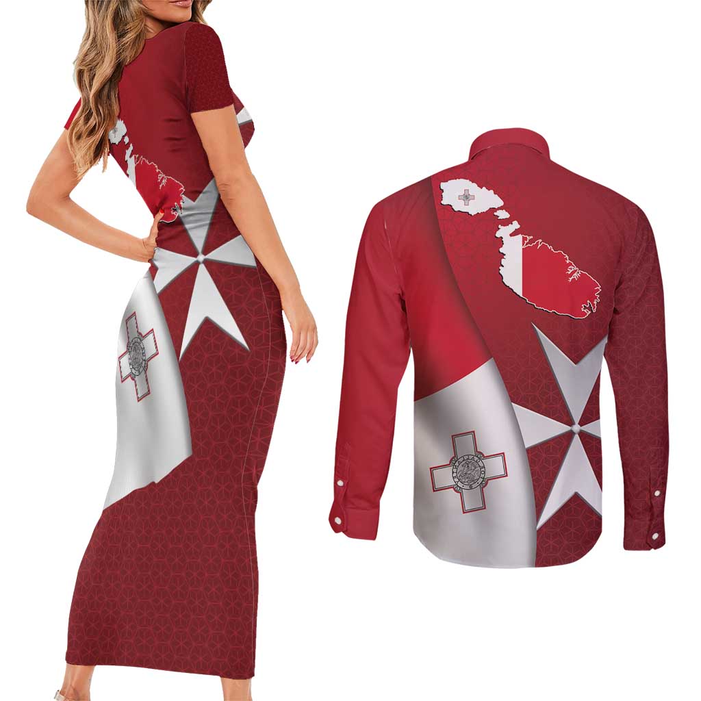 Malta Independence Day Couples Matching Short Sleeve Bodycon Dress and Long Sleeve Button Shirt National Flag with Maltese Cross and Emblem