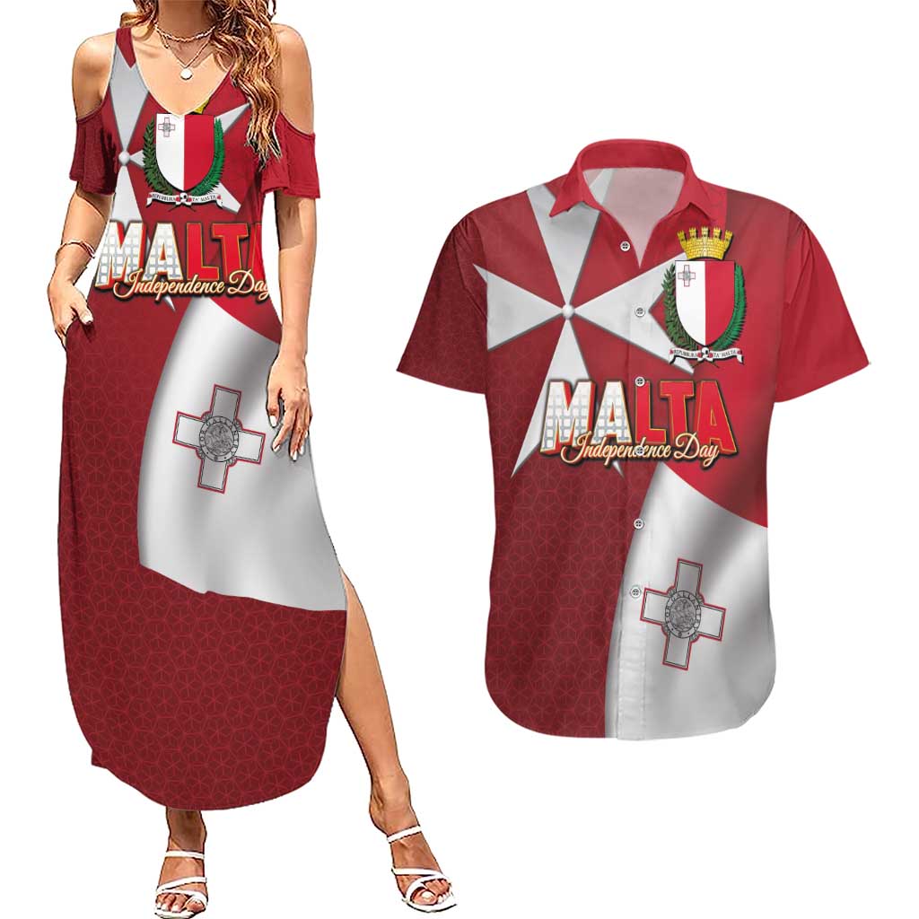 Malta Independence Day Couples Matching Summer Maxi Dress and Hawaiian Shirt National Flag with Maltese Cross and Emblem