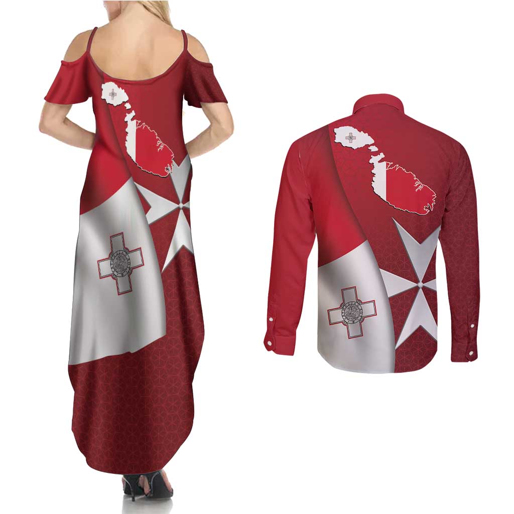 Malta Independence Day Couples Matching Summer Maxi Dress and Long Sleeve Button Shirt National Flag with Maltese Cross and Emblem