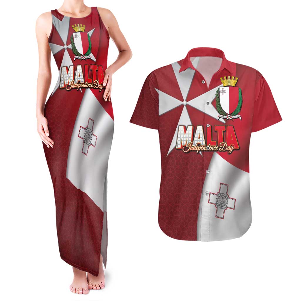 Malta Independence Day Couples Matching Tank Maxi Dress and Hawaiian Shirt National Flag with Maltese Cross and Emblem