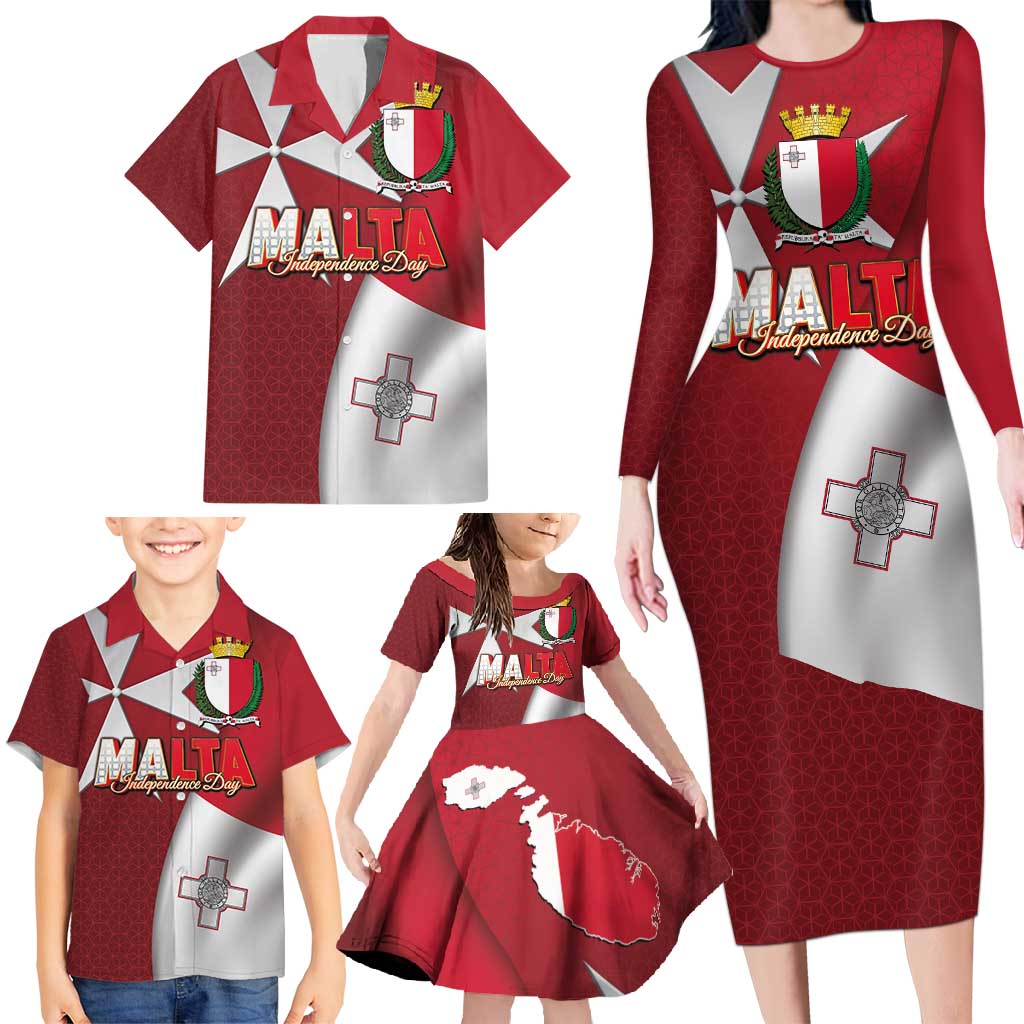 Malta Independence Day Family Matching Long Sleeve Bodycon Dress and Hawaiian Shirt National Flag with Maltese Cross and Emblem