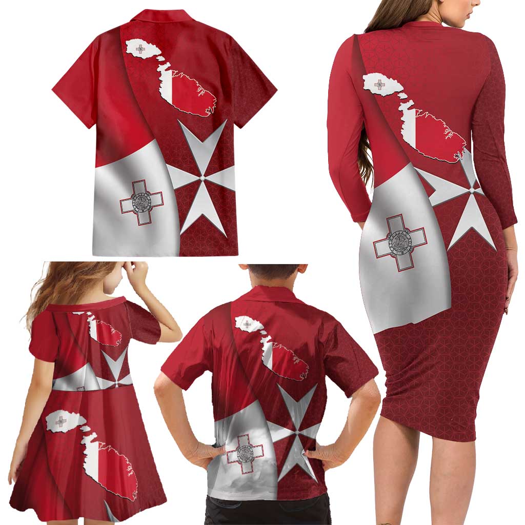 Malta Independence Day Family Matching Long Sleeve Bodycon Dress and Hawaiian Shirt National Flag with Maltese Cross and Emblem