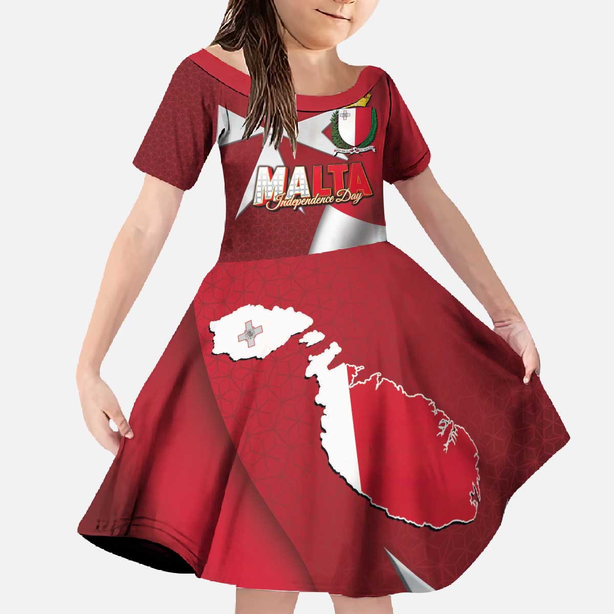 Malta Independence Day Family Matching Off The Shoulder Long Sleeve Dress and Hawaiian Shirt National Flag with Maltese Cross and Emblem