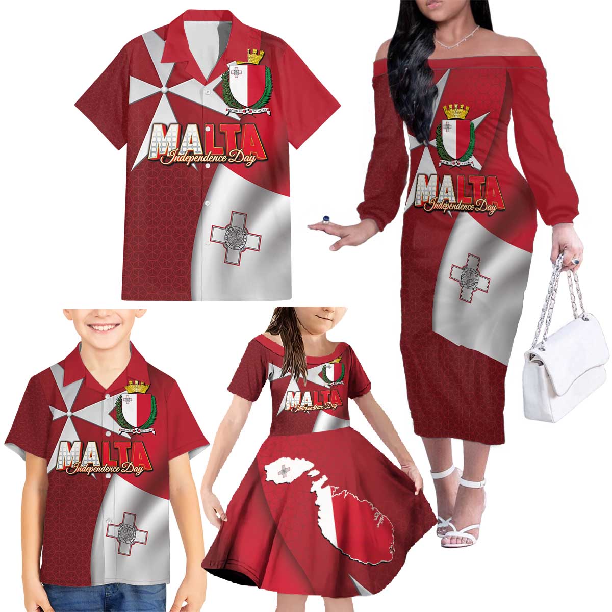 Malta Independence Day Family Matching Off The Shoulder Long Sleeve Dress and Hawaiian Shirt National Flag with Maltese Cross and Emblem