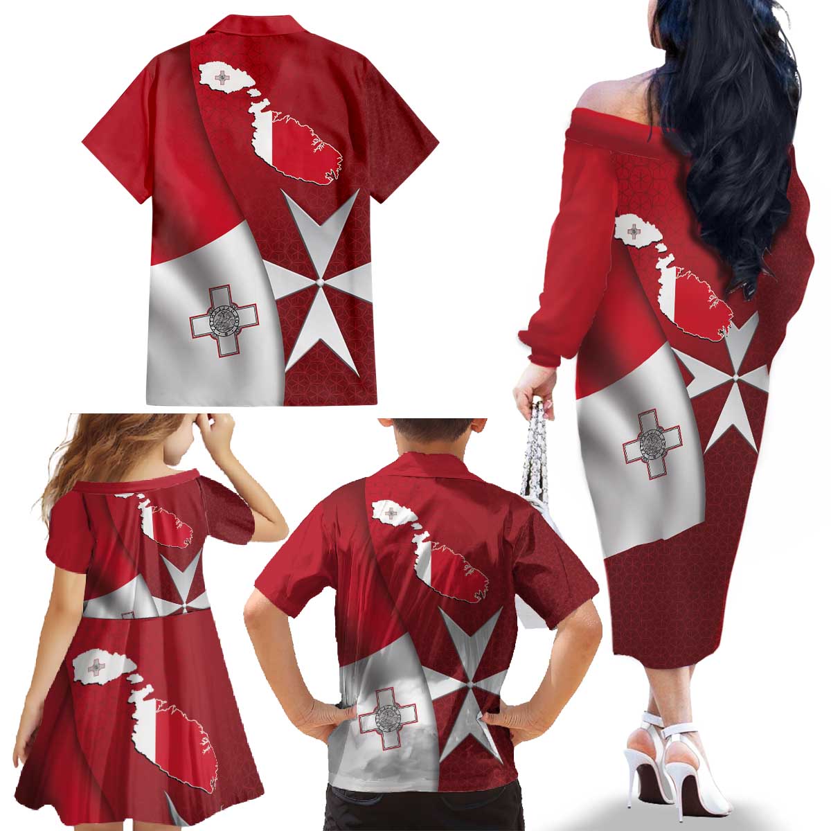 Malta Independence Day Family Matching Off The Shoulder Long Sleeve Dress and Hawaiian Shirt National Flag with Maltese Cross and Emblem