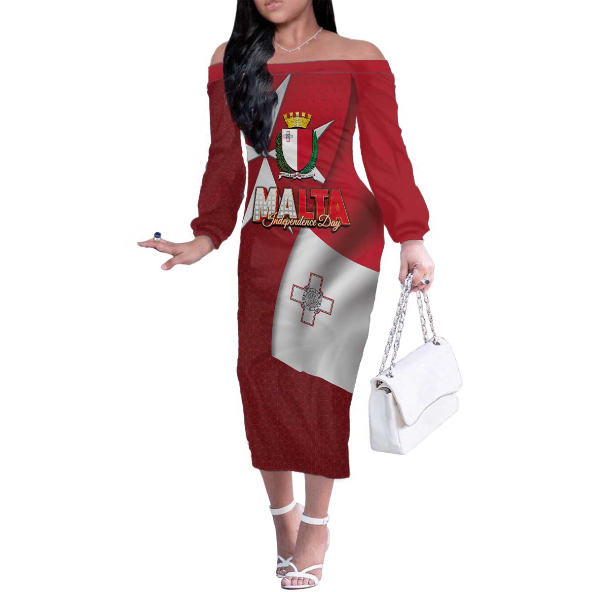 Malta Independence Day Family Matching Off The Shoulder Long Sleeve Dress and Hawaiian Shirt National Flag with Maltese Cross and Emblem