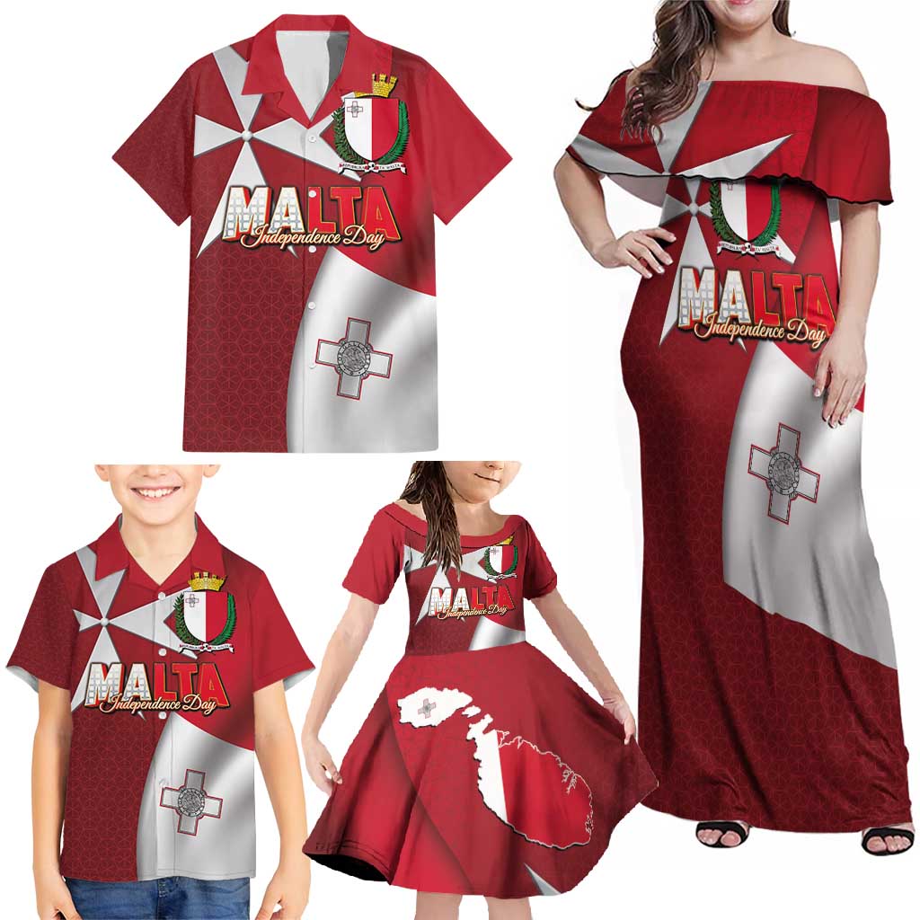 Malta Independence Day Family Matching Off Shoulder Maxi Dress and Hawaiian Shirt National Flag with Maltese Cross and Emblem