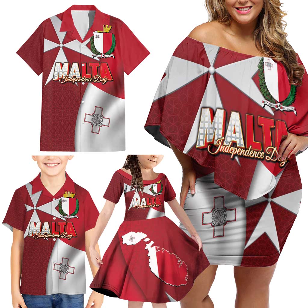 Malta Independence Day Family Matching Off Shoulder Short Dress and Hawaiian Shirt National Flag with Maltese Cross and Emblem