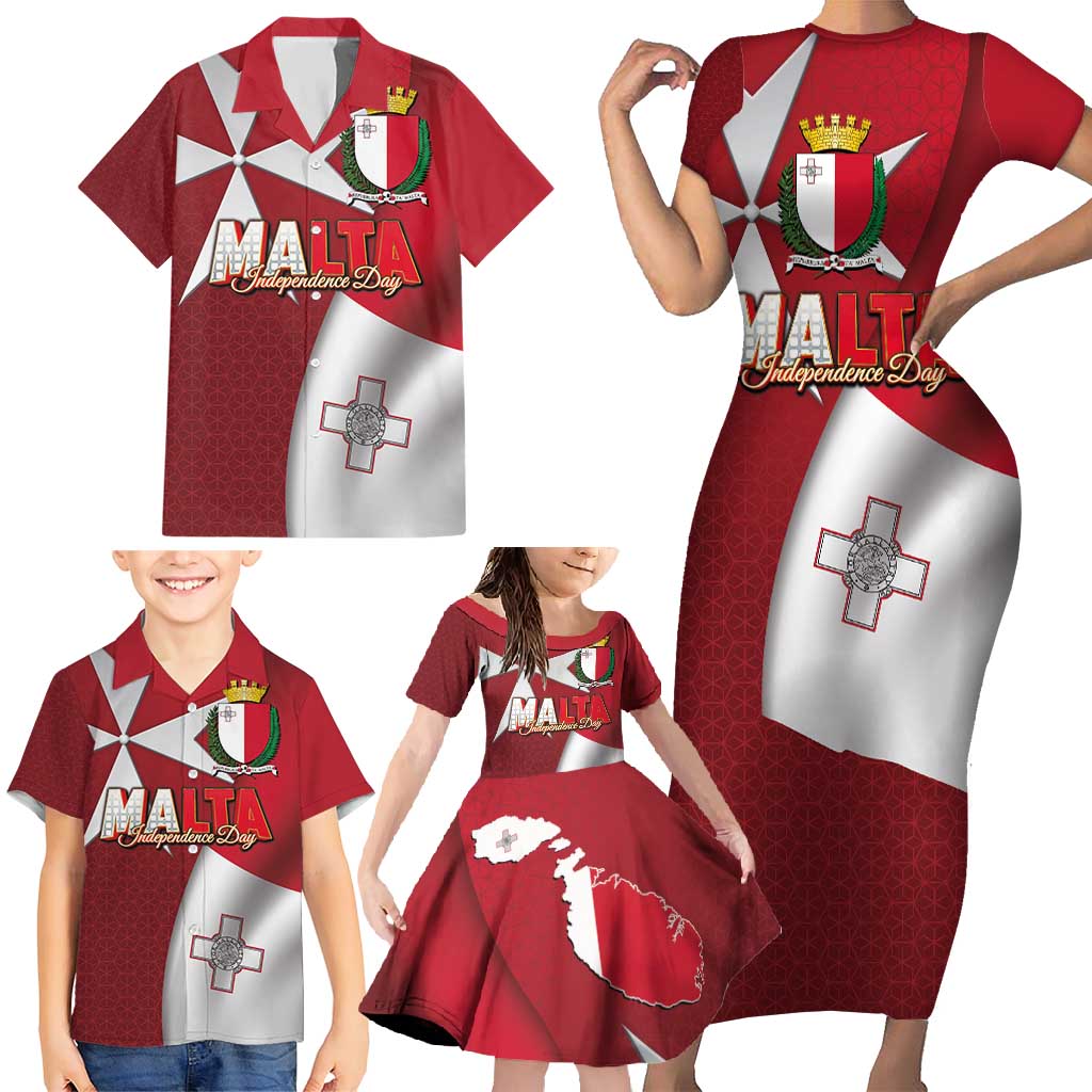 Malta Independence Day Family Matching Short Sleeve Bodycon Dress and Hawaiian Shirt National Flag with Maltese Cross and Emblem