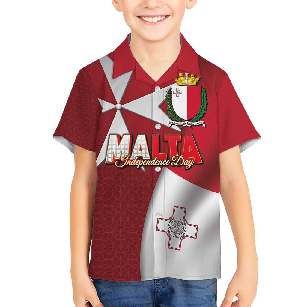 Malta Independence Day Kid Hawaiian Shirt National Flag with Maltese Cross and Emblem