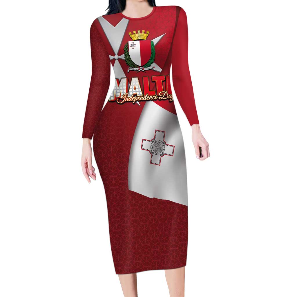 Malta Independence Day Long Sleeve Bodycon Dress National Flag with Maltese Cross and Emblem