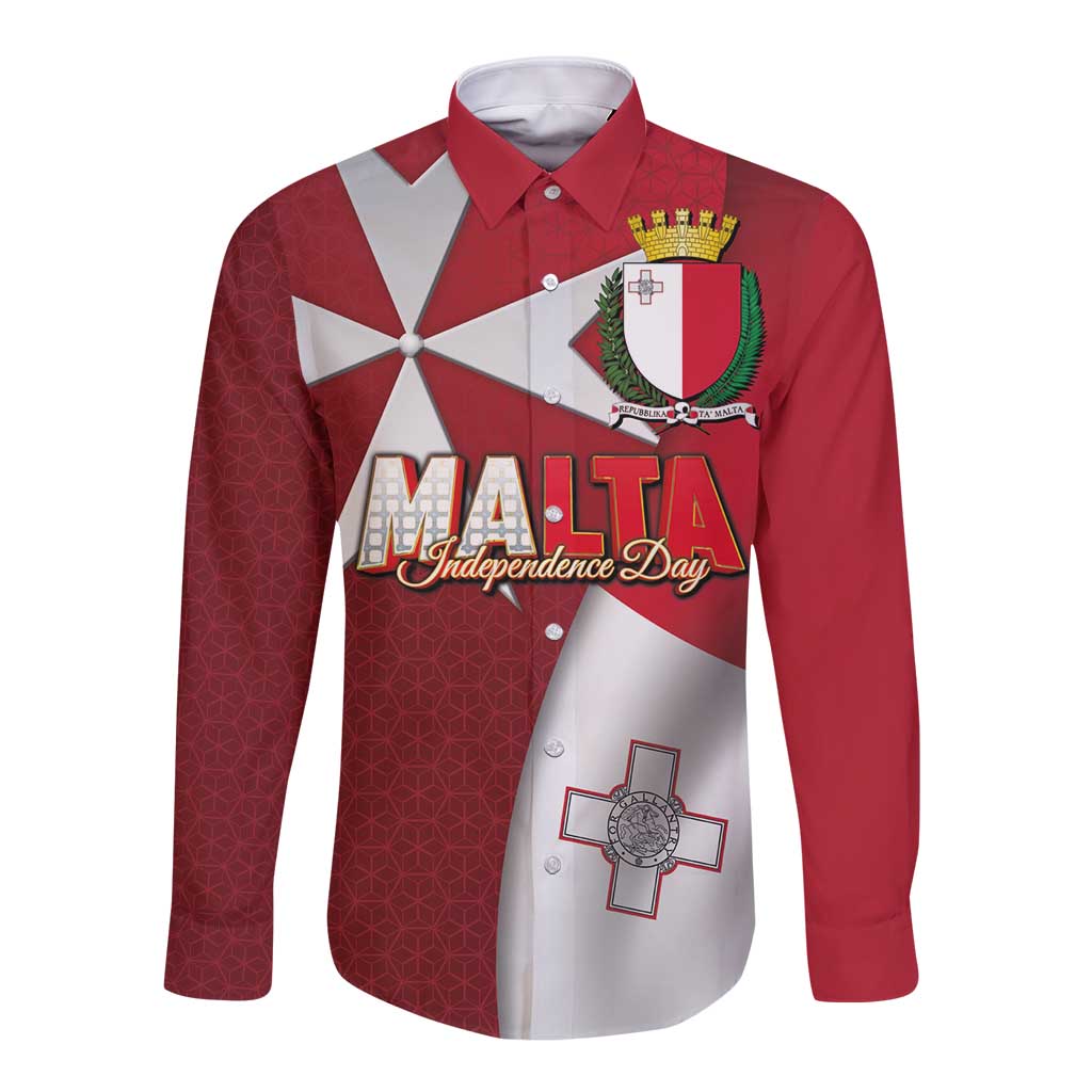 Malta Independence Day Long Sleeve Button Shirt National Flag with Maltese Cross and Emblem