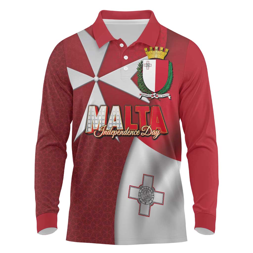 Malta Independence Day Long Sleeve Polo Shirt National Flag with Maltese Cross and Emblem
