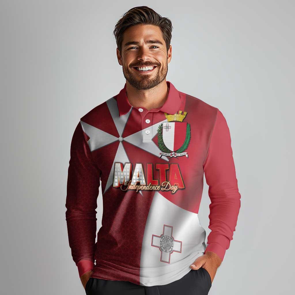Malta Independence Day Long Sleeve Polo Shirt National Flag with Maltese Cross and Emblem