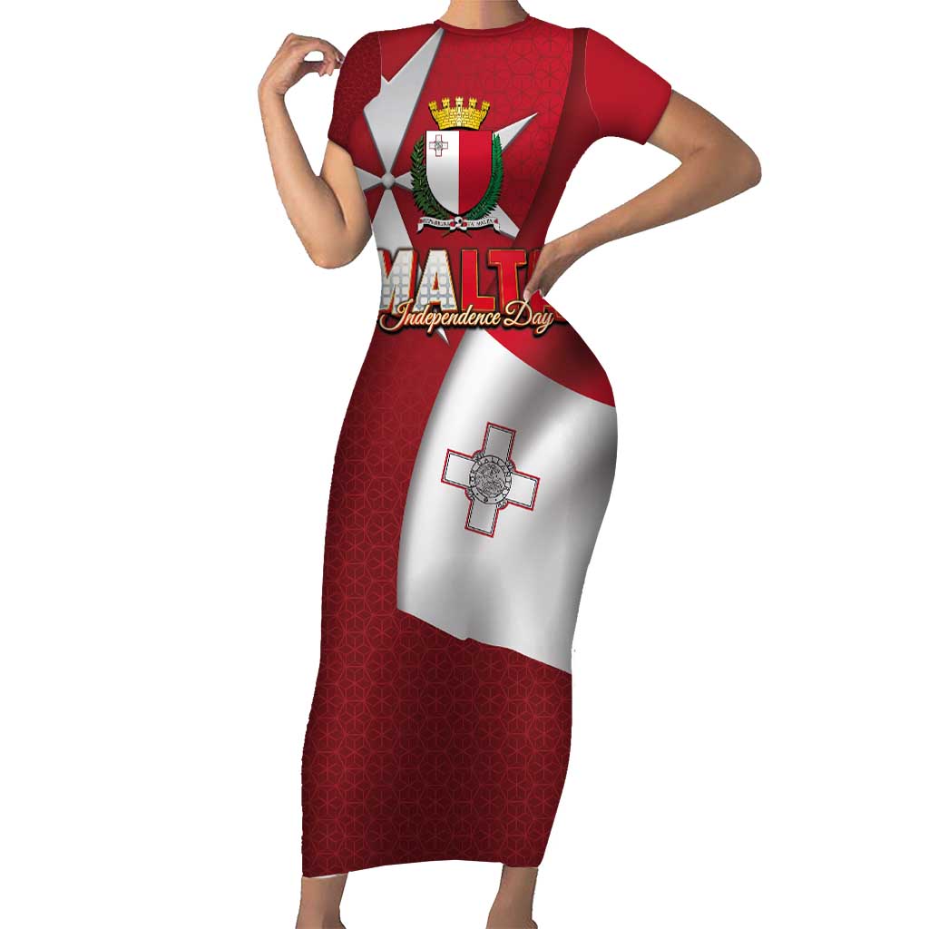 Malta Independence Day Short Sleeve Bodycon Dress National Flag with Maltese Cross and Emblem