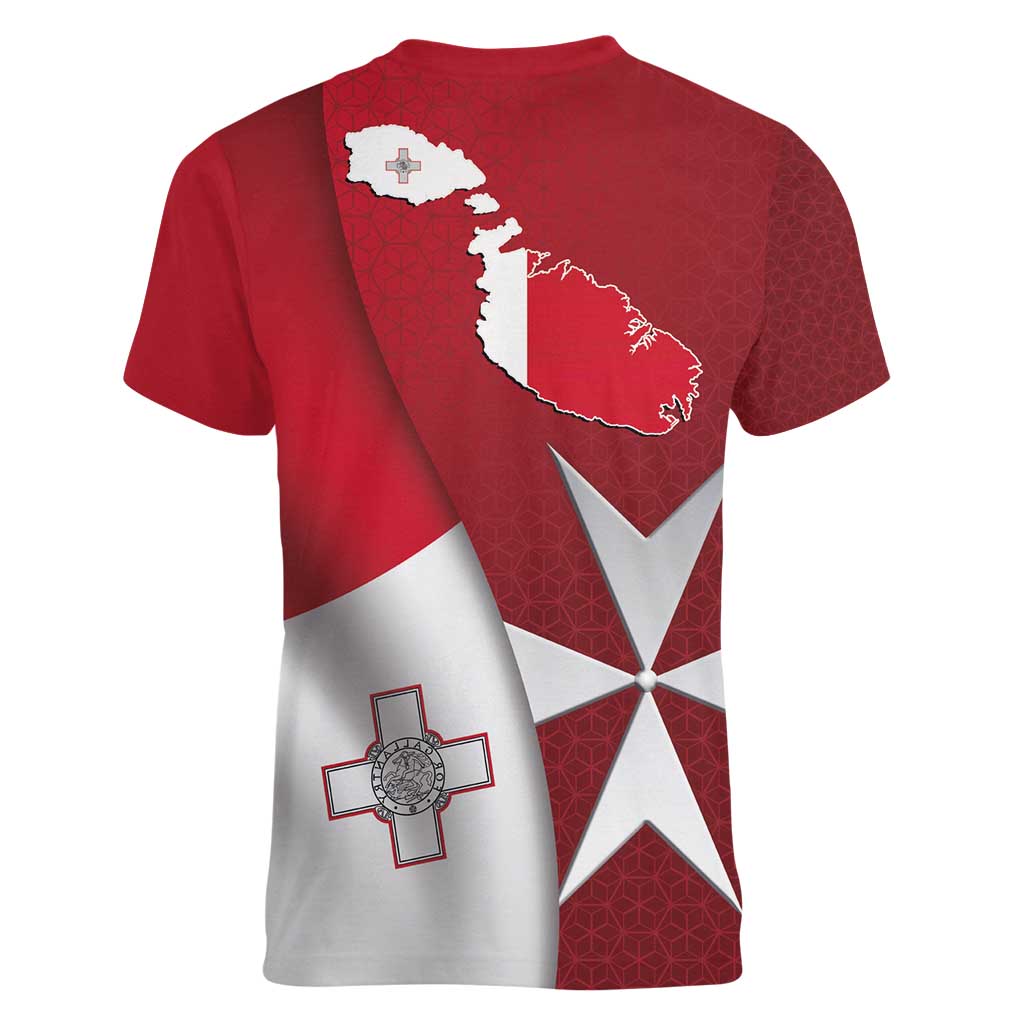 Malta Independence Day Women V-Neck T-Shirt National Flag with Maltese Cross and Emblem