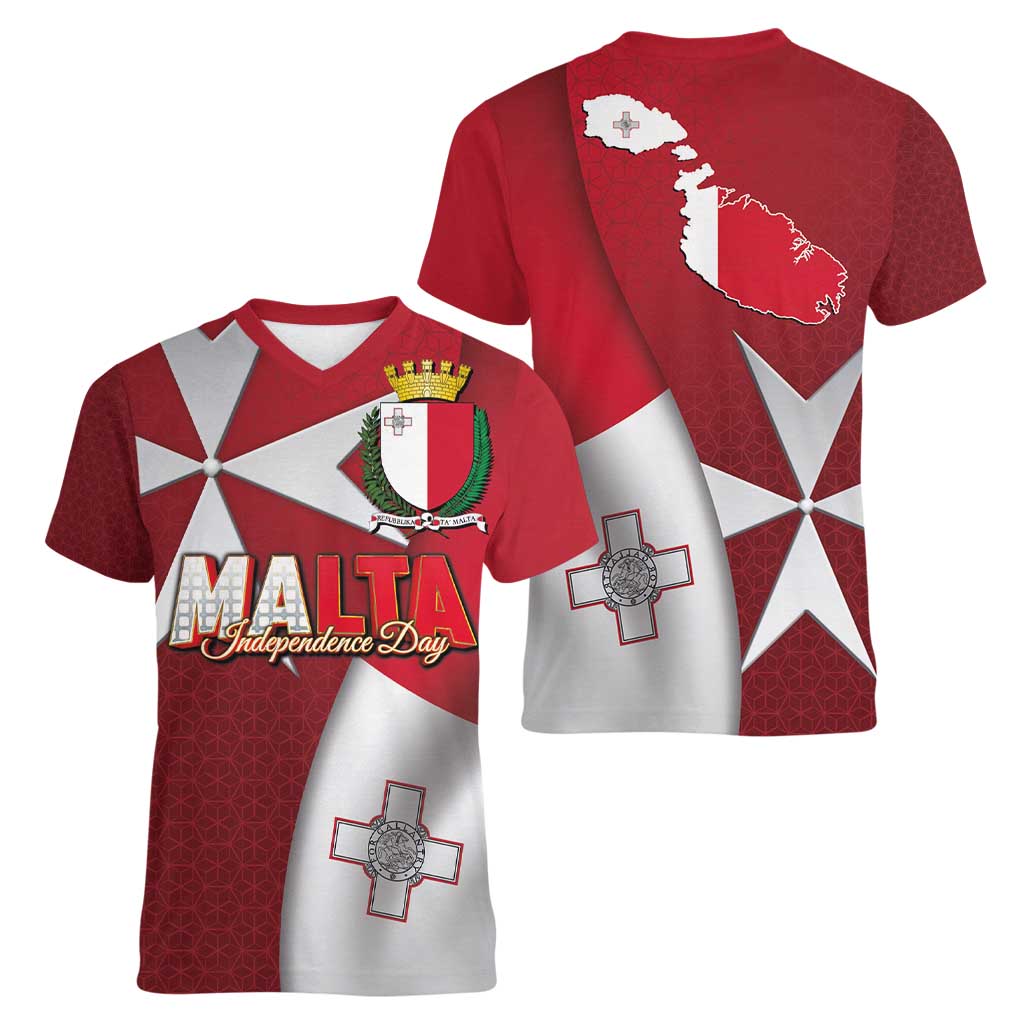 Malta Independence Day Women V-Neck T-Shirt National Flag with Maltese Cross and Emblem