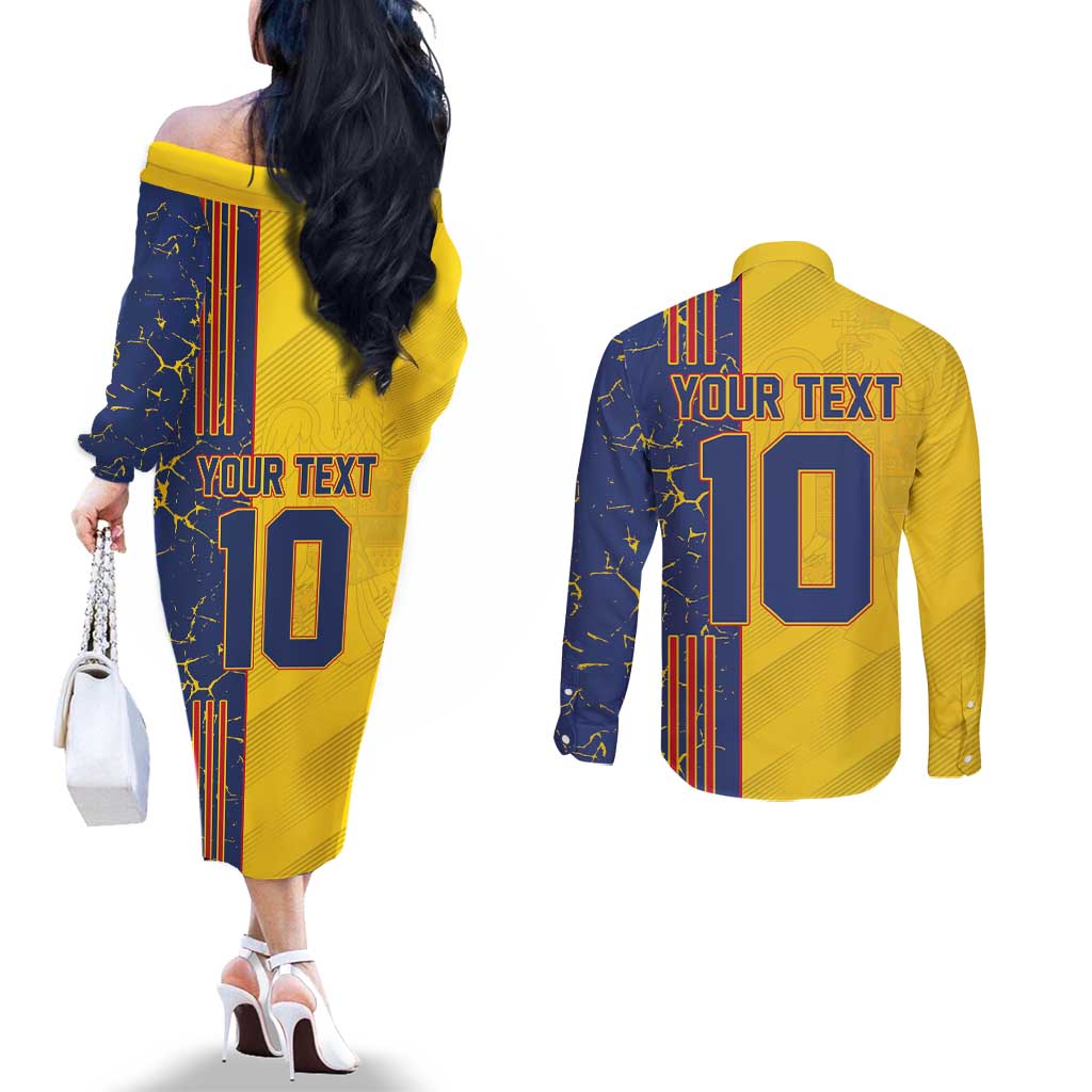 Custom Romania Football 2024 Go Champion Couples Matching Off The Shoulder Long Sleeve Dress and Long Sleeve Button Shirt