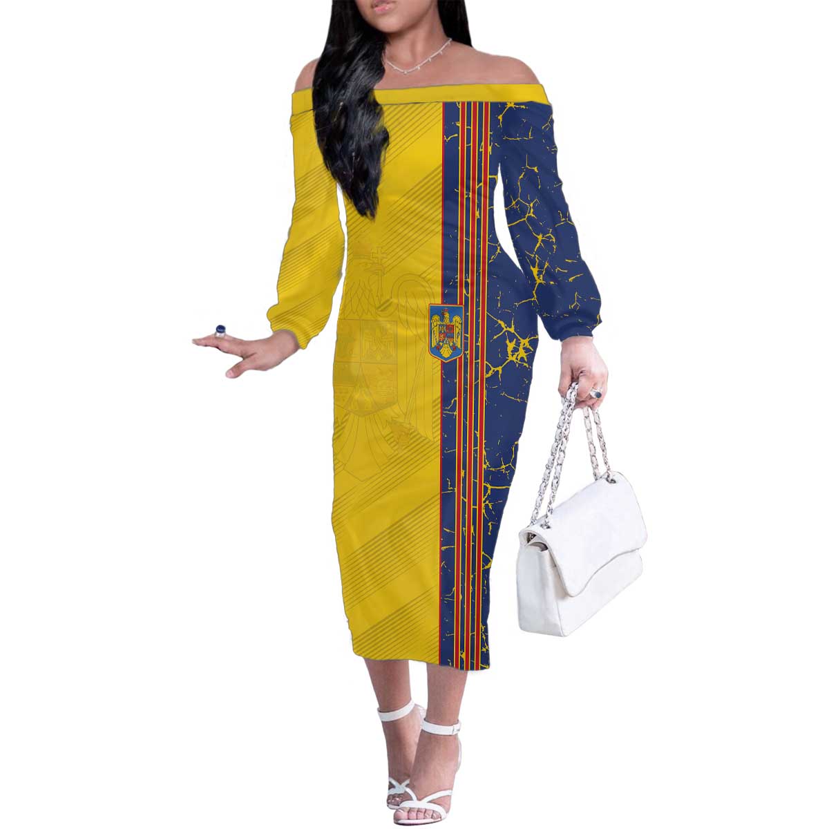 Custom Romania Football 2024 Go Champion Family Matching Off The Shoulder Long Sleeve Dress and Hawaiian Shirt - Wonder Print Shop