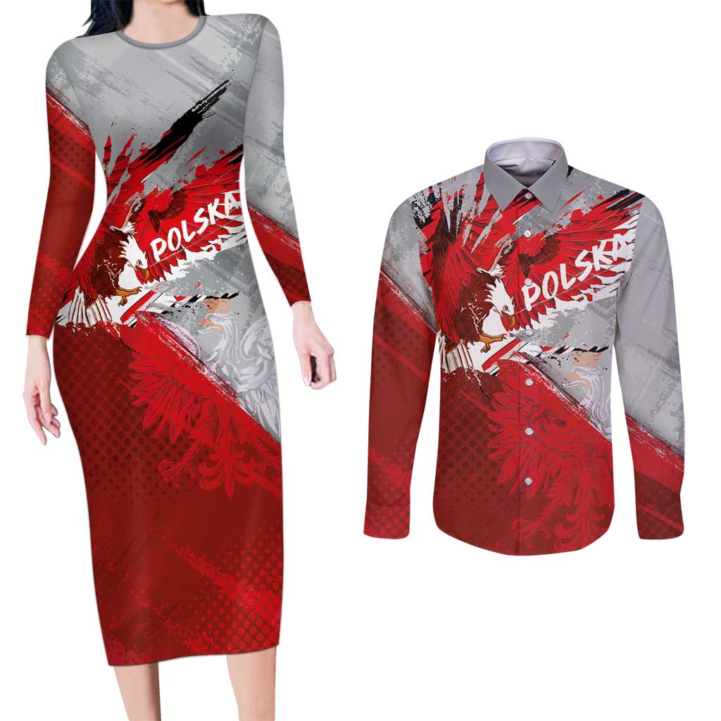 Polska Eagle Couples Matching Long Sleeve Bodycon Dress and Long Sleeve Button Shirt Poland Sporty Grunge Style - Wonder Print Shop
