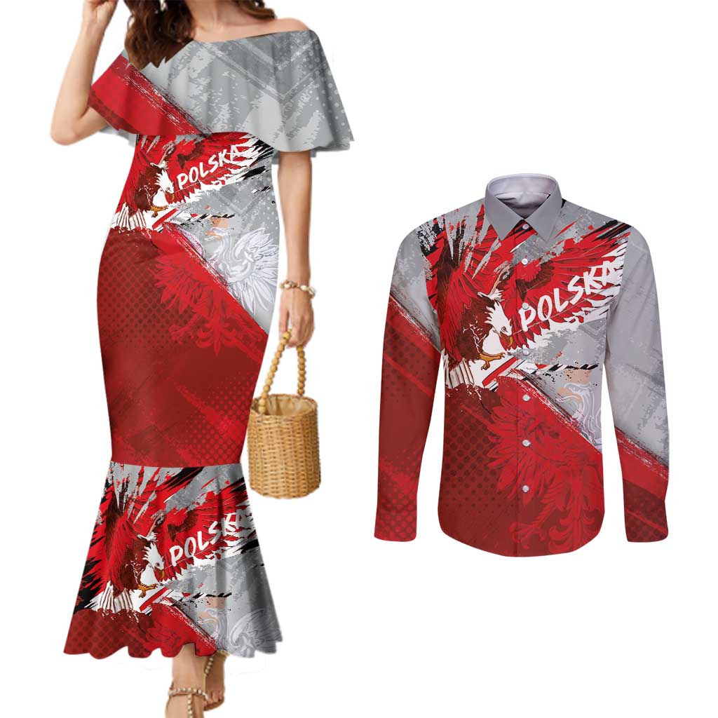 Polska Eagle Couples Matching Mermaid Dress and Long Sleeve Button Shirt Poland Sporty Grunge Style - Wonder Print Shop