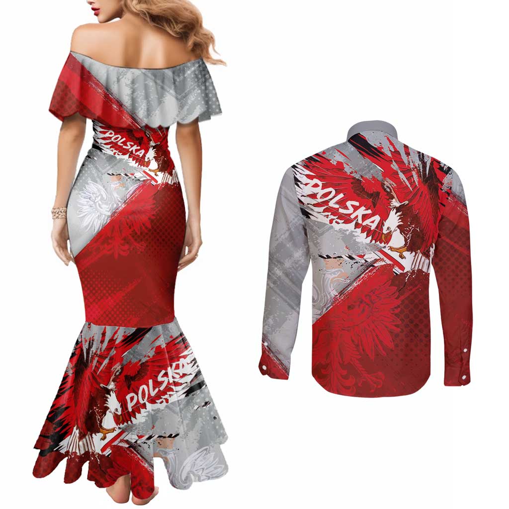 Polska Eagle Couples Matching Mermaid Dress and Long Sleeve Button Shirt Poland Sporty Grunge Style - Wonder Print Shop