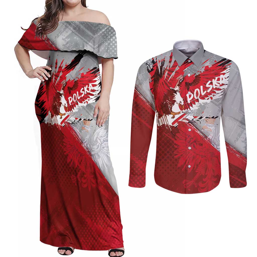 Polska Eagle Couples Matching Off Shoulder Maxi Dress and Long Sleeve Button Shirt Poland Sporty Grunge Style - Wonder Print Shop