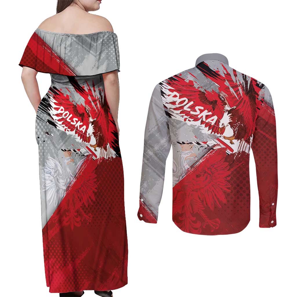 Polska Eagle Couples Matching Off Shoulder Maxi Dress and Long Sleeve Button Shirt Poland Sporty Grunge Style - Wonder Print Shop