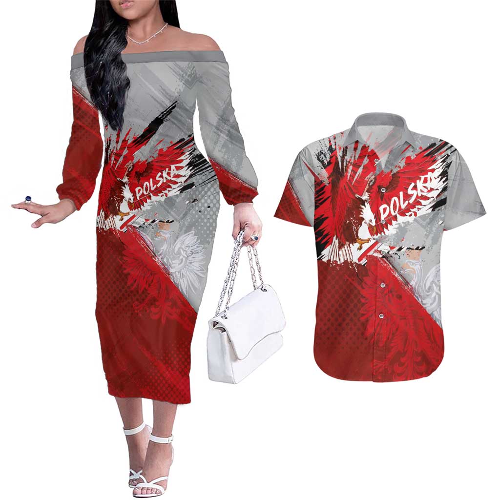 Polska Eagle Couples Matching Off The Shoulder Long Sleeve Dress and Hawaiian Shirt Poland Sporty Grunge Style - Wonder Print Shop