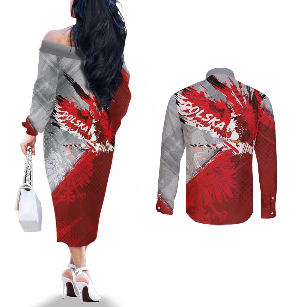 Polska Eagle Couples Matching Off The Shoulder Long Sleeve Dress and Long Sleeve Button Shirt Poland Sporty Grunge Style - Wonder Print Shop