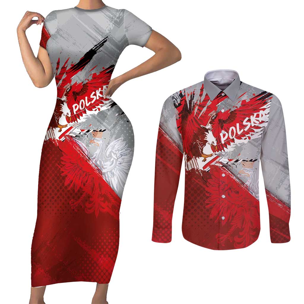 Polska Eagle Couples Matching Short Sleeve Bodycon Dress and Long Sleeve Button Shirt Poland Sporty Grunge Style - Wonder Print Shop