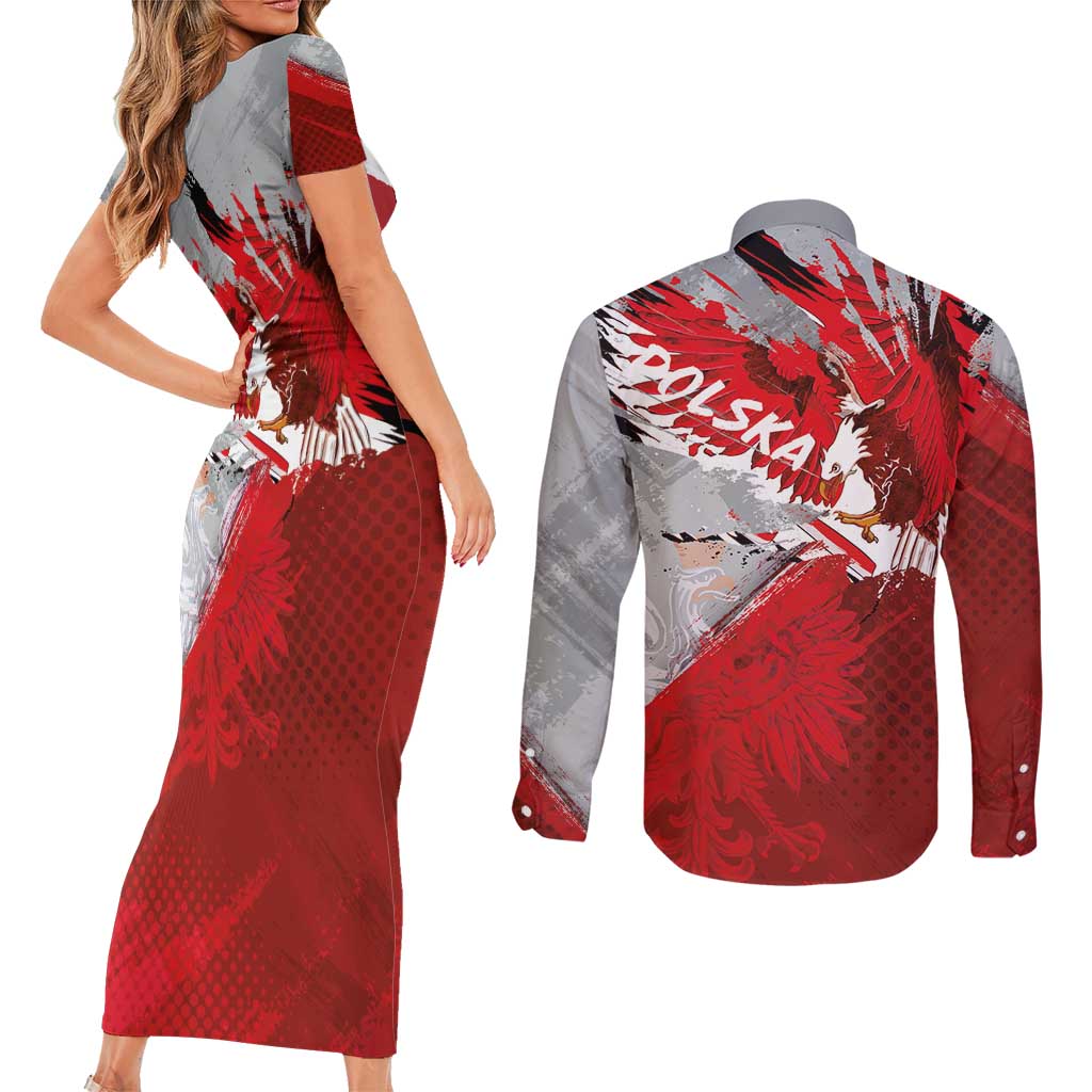 Polska Eagle Couples Matching Short Sleeve Bodycon Dress and Long Sleeve Button Shirt Poland Sporty Grunge Style - Wonder Print Shop