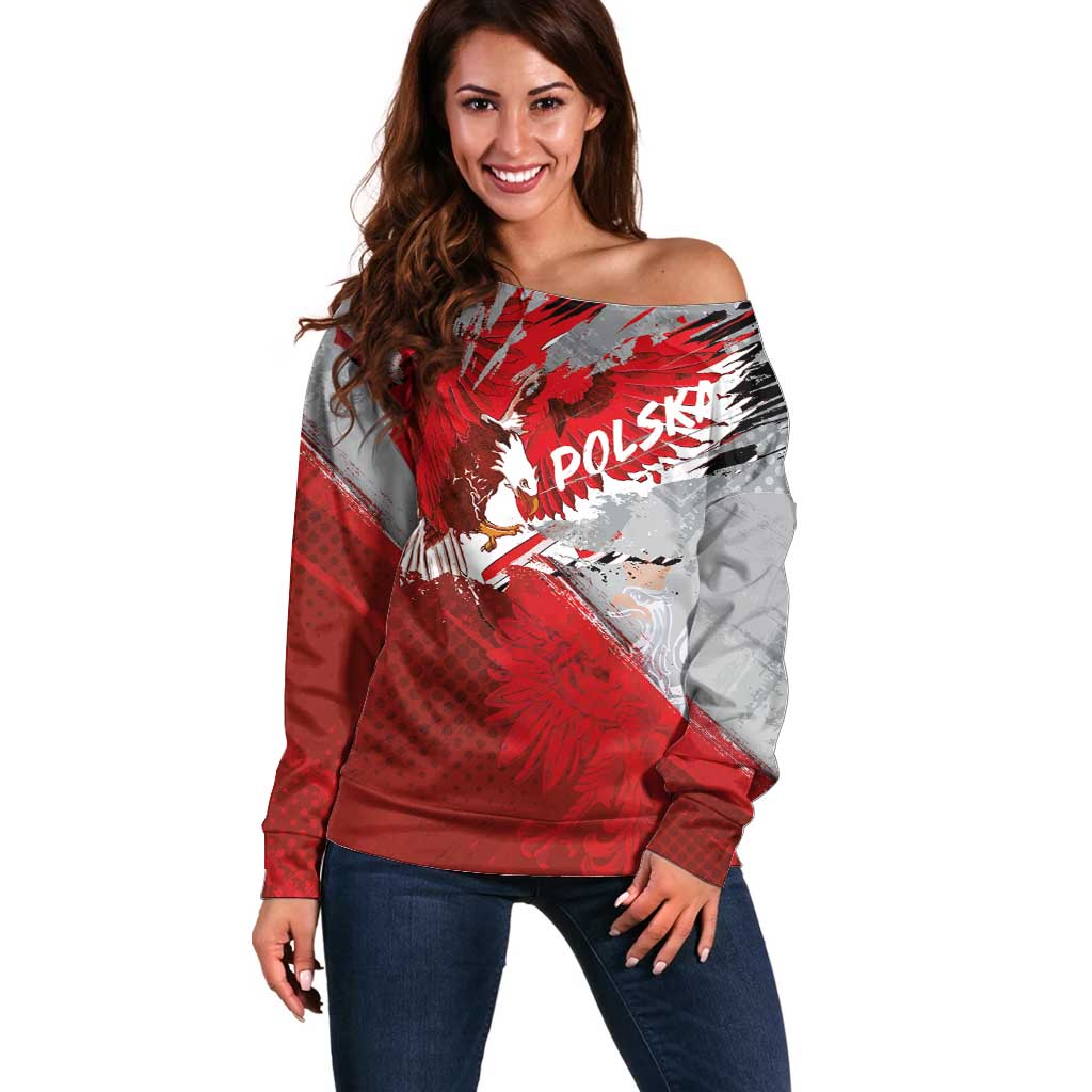 Polska Eagle Off Shoulder Sweater Poland Sporty Grunge Style - Wonder Print Shop