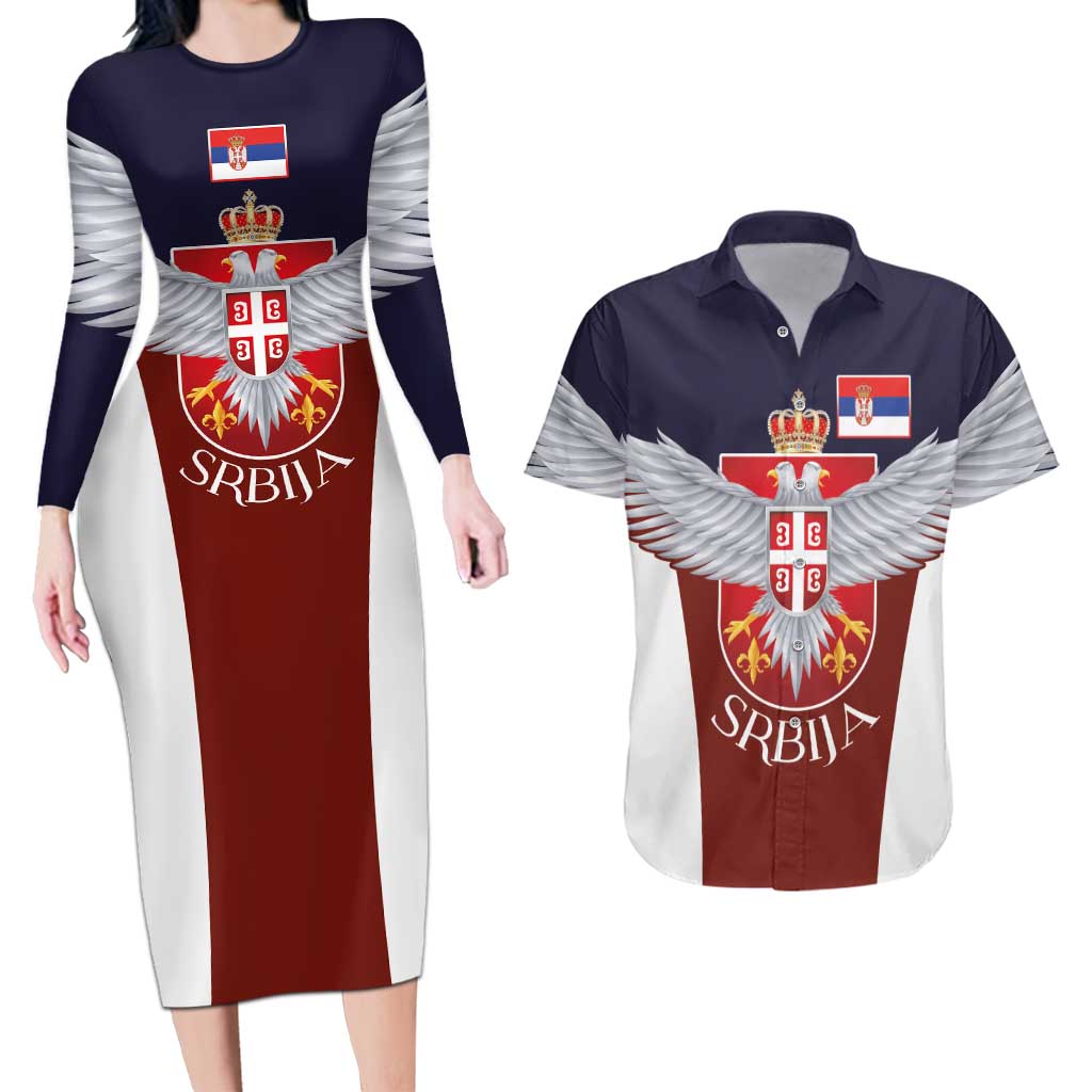 Serbia Couples Matching Long Sleeve Bodycon Dress and Hawaiian Shirt Double Headed Eage Emblem Sporty - Wonder Print Shop