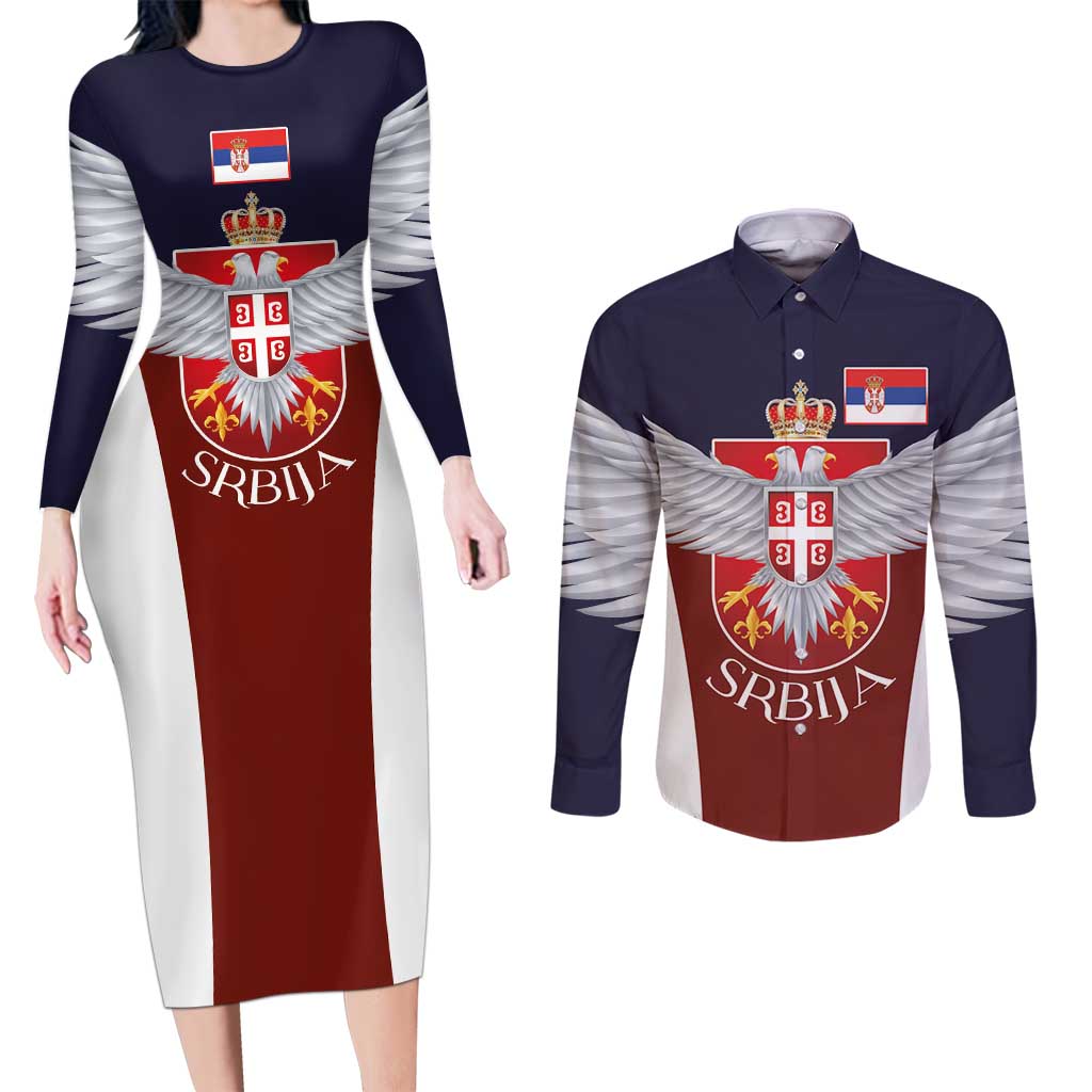 Serbia Couples Matching Long Sleeve Bodycon Dress and Long Sleeve Button Shirt Double Headed Eage Emblem Sporty - Wonder Print Shop