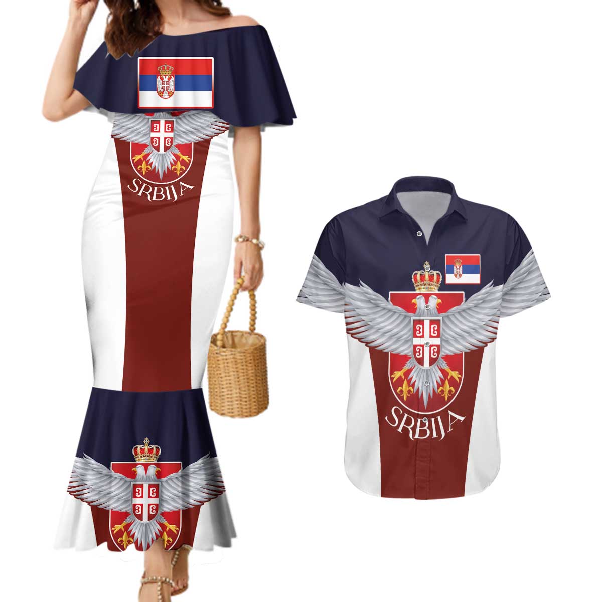 Serbia Couples Matching Mermaid Dress and Hawaiian Shirt Double Headed Eage Emblem Sporty - Wonder Print Shop