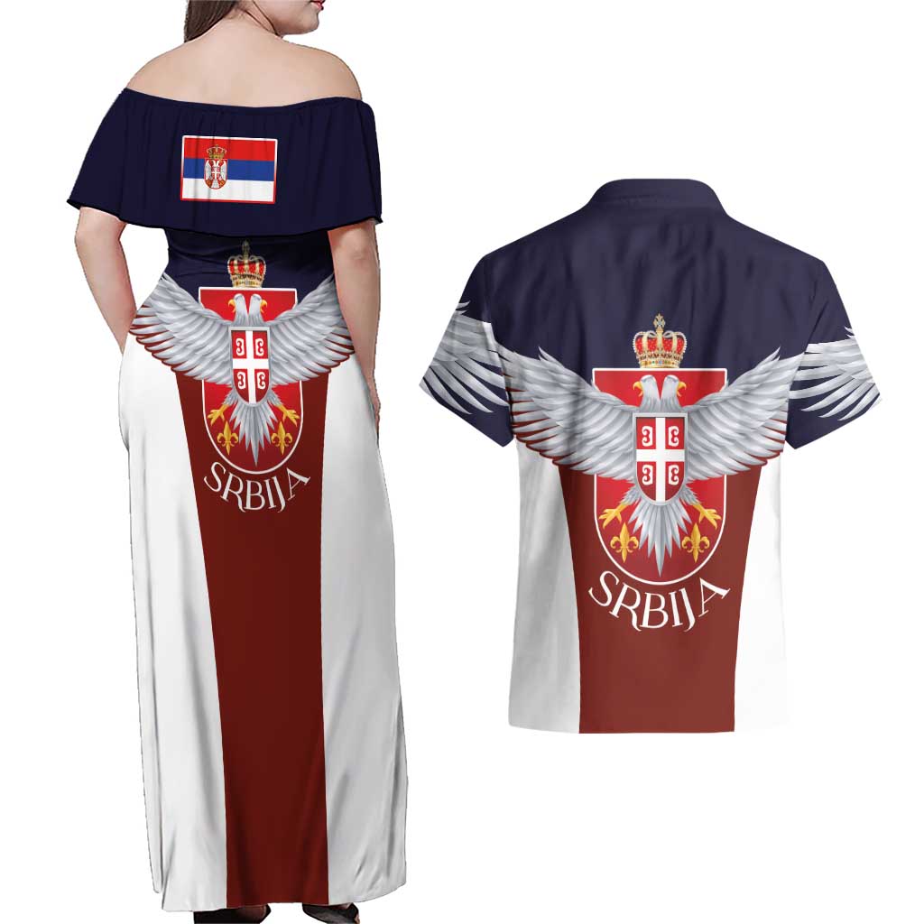 Serbia Couples Matching Off Shoulder Maxi Dress and Hawaiian Shirt Double Headed Eage Emblem Sporty - Wonder Print Shop