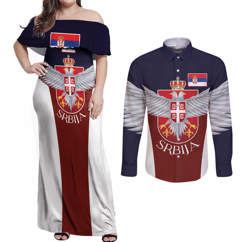 Serbia Couples Matching Off Shoulder Maxi Dress and Long Sleeve Button Shirt Double Headed Eage Emblem Sporty - Wonder Print Shop